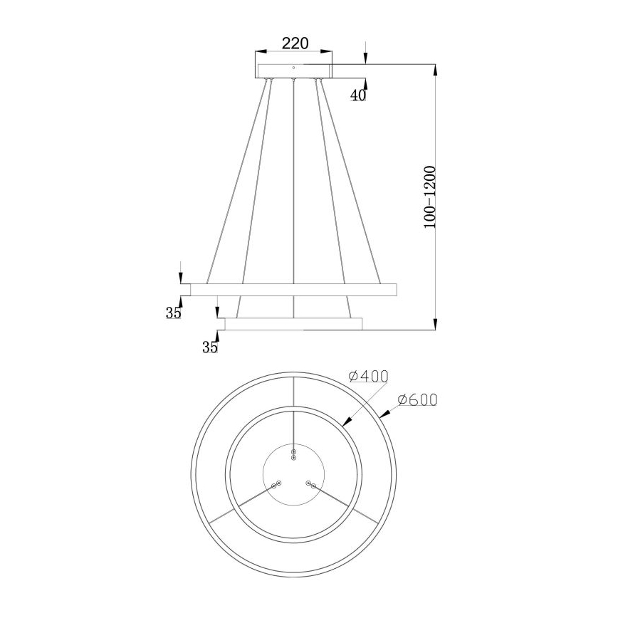 Technický nákres stropného svietidla s dvoma kruhovými tienidlami. Svietidlo visí na viacerých kábloch. Rozmery: horný kruh Ø400, spodný Ø600 mm, celková výška 100-1200 mm.