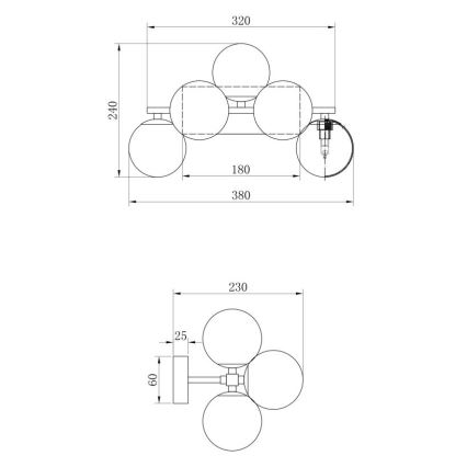 Dve nástenné svietidlá s guľatými tienidlami sú znázornené v technickom výkrese s rozmermi: horné 320x240mm, spodné 230x60mm. Rozmery jednotlivých častí sú tiež uvedené.