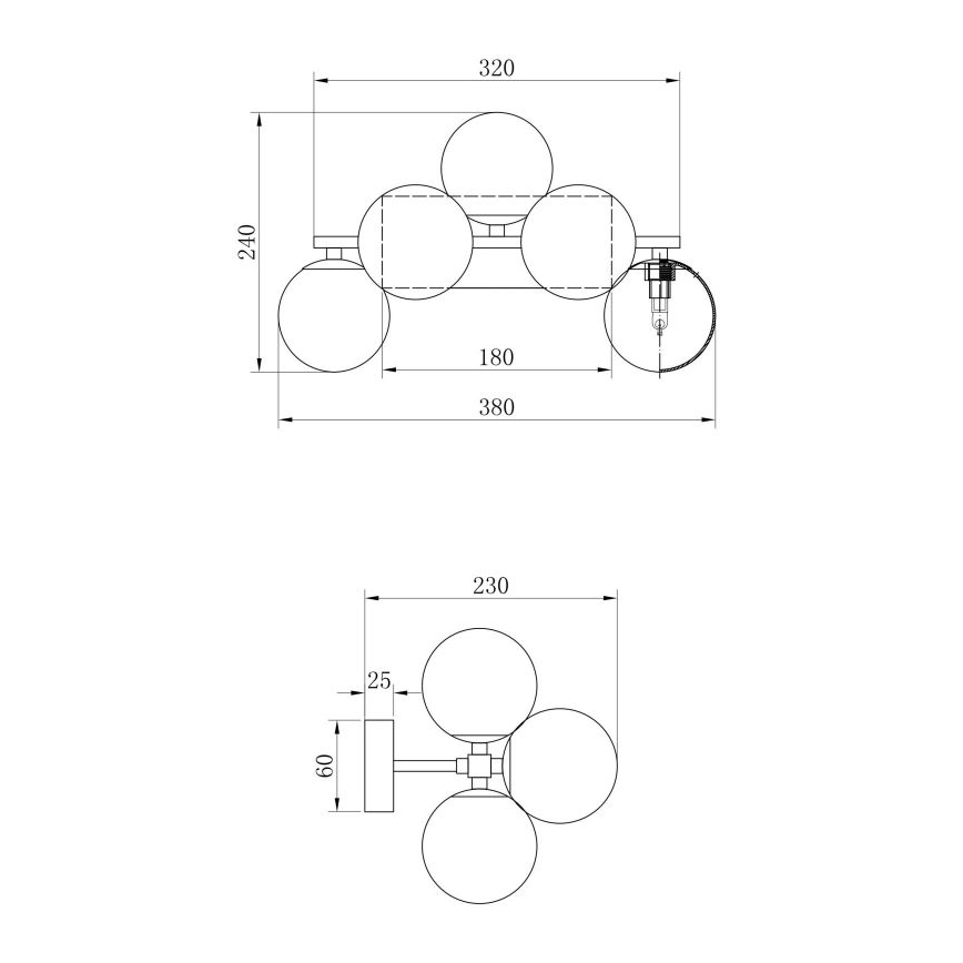 Dve nástenné svietidlá s guľatými tienidlami sú znázornené v technickom výkrese s rozmermi: horné 320x240mm, spodné 230x60mm. Rozmery jednotlivých častí sú tiež uvedené.