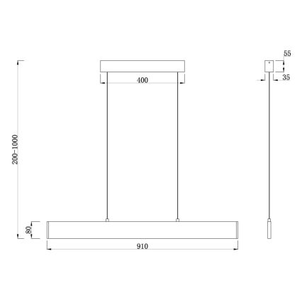 Dlhá obdĺžniková LED lampa visí zo stropu na troch kábloch. Rozmery: dĺžka 910 mm, výška 80 mm, výška zavesenia 200-1000 mm. Stropný kryt má šírku 400 mm. Súčasťou je aj malý spínač s rozmermi 35x55 mm.