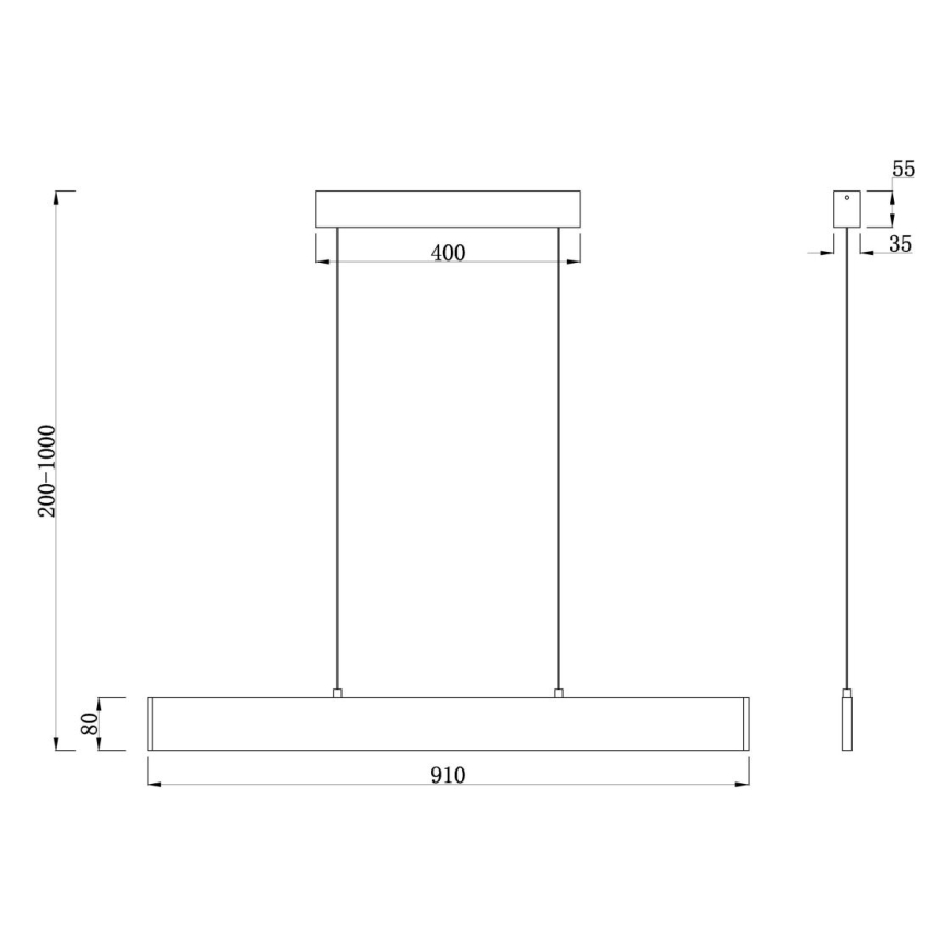 Dlhá obdĺžniková LED lampa visí zo stropu na troch kábloch. Rozmery: dĺžka 910 mm, výška 80 mm, výška zavesenia 200-1000 mm. Stropný kryt má šírku 400 mm. Súčasťou je aj malý spínač s rozmermi 35x55 mm.