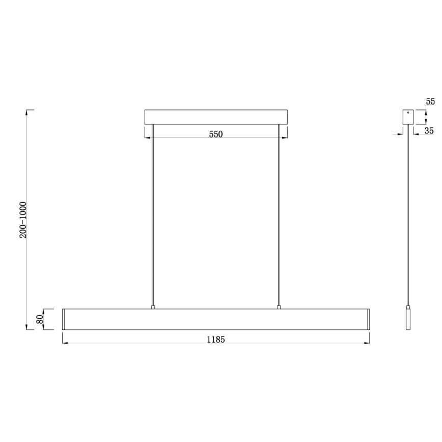 Dlhá valcová lampa visí zo stropu na dvoch kábloch. Rozmery: lampa 1185 x 80 mm, stropný držiak 550 mm, výška 200-1000 mm. Bočný náčrt ukazuje detail stropného uchytenia.