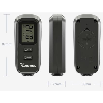 Šedý digitálny merací prístroj značky VDMGTOOL zobrazuje meranie. Prístroj má tlačidlá CLR a UNIT. Rozmery sú 87 mm x 22 mm x 38 mm.