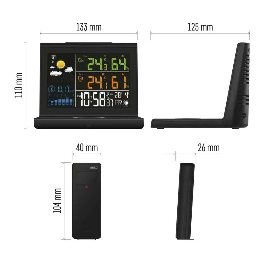 Meteostanica s bezdrôtovým nabíjaním 5V 2xAA + 2xAAA čierna
