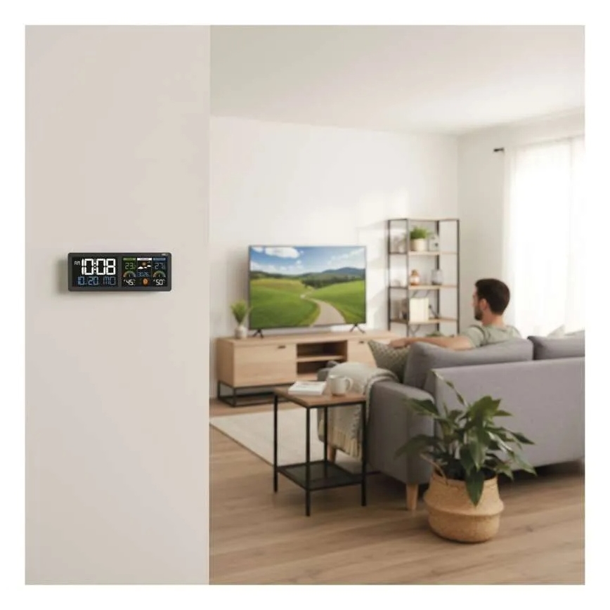 Meteostanica s farebným LCD displejom a budíkom 5V 3xAAA + 2xAA čierna