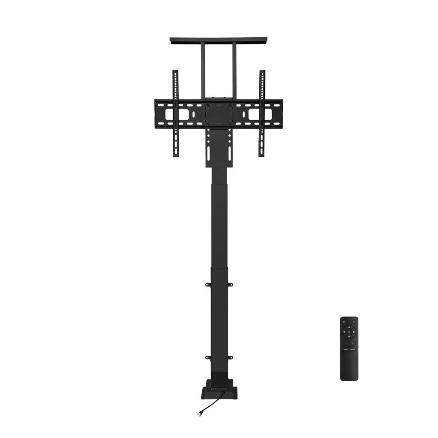 Elektrický stojan na televízor sa dvíha a klesá. Je čierny, s pripojeným káblom a diaľkovým ovládaním. Televízor je upevnený na vrchu.