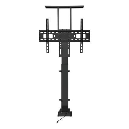 Elektrický stojan na televízor drží televízor v zvýšenej polohe. Stojan je čiernej farby, má štvorcovú základňu a vysoký stĺpik s ramenami na pripevnenie televízora. Základňa má pripojený kábel.