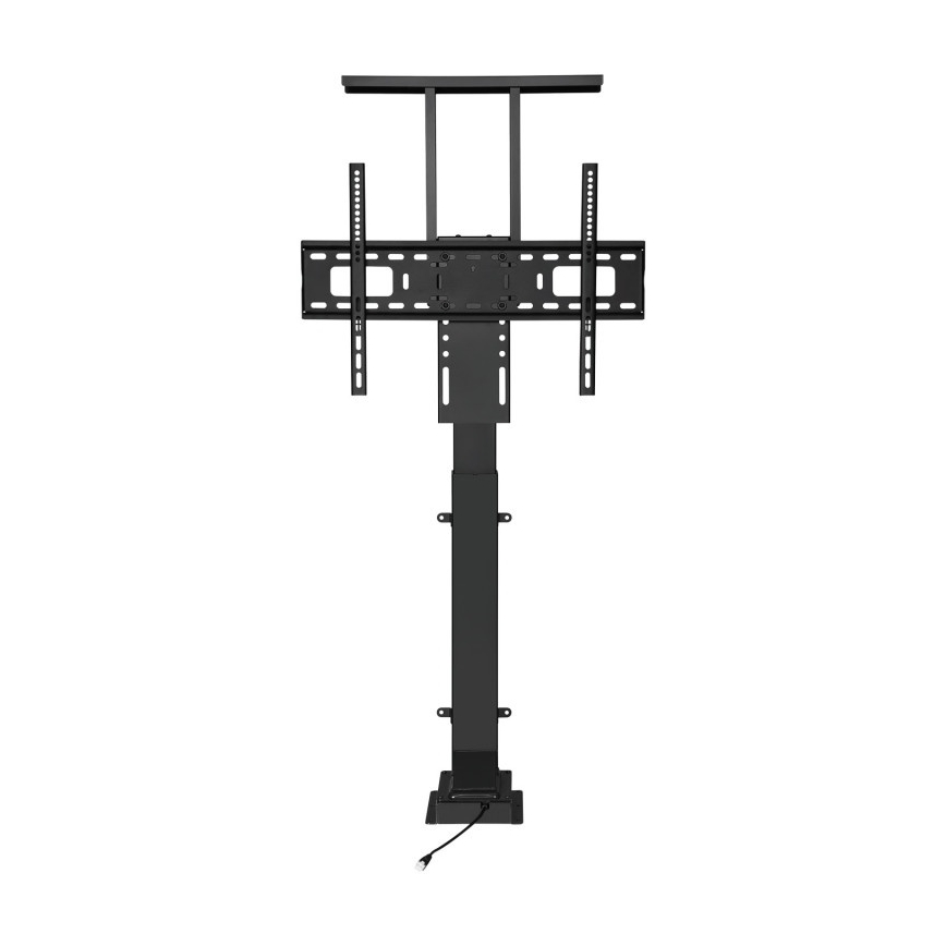 Elektrický stojan na televízor drží televízor v zvýšenej polohe. Stojan je čiernej farby, má štvorcovú základňu a vysoký stĺpik s ramenami na pripevnenie televízora. Základňa má pripojený kábel.