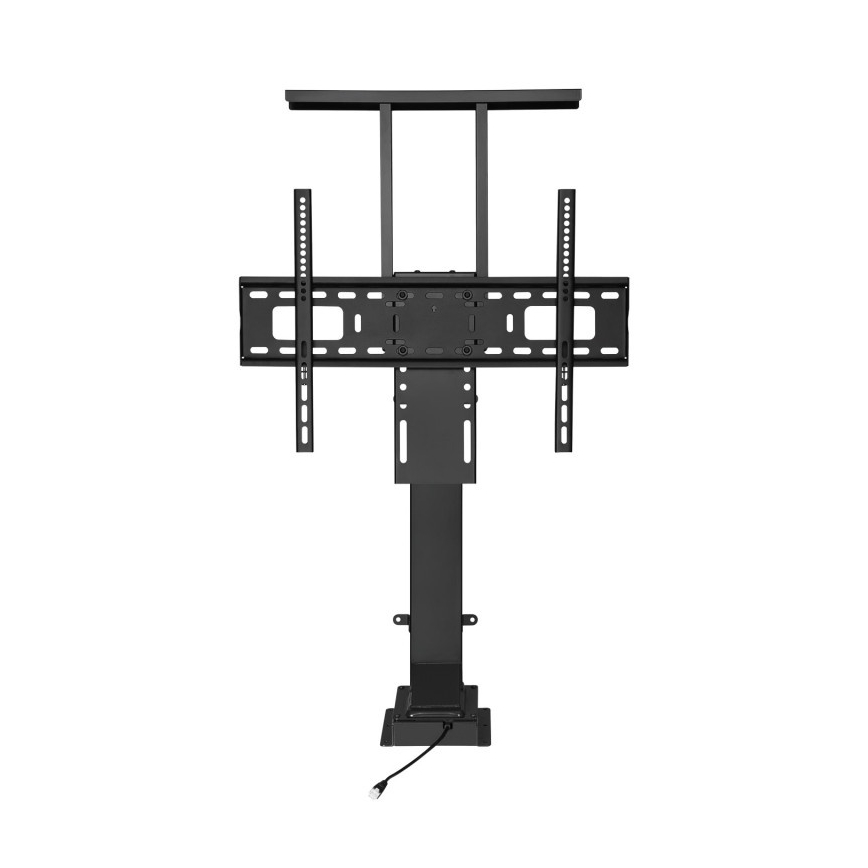 Elektrický stojan na televízor drží televízor v zdvihnutej polohe. Stojan je čierny, má vysoký stĺpik a štvorcovú základňu s pripojeným káblom. Horná časť stojana je vybavená držiakom na televízor.