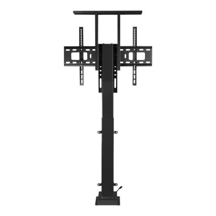 Elektrický stojan na televízor s výsuvnou konštrukciou drží televízor. Stojan je čierny, s hranatou základňou a štíhlym stĺpikom. Na vrchu sú držiaky pre uchytenie televízora.