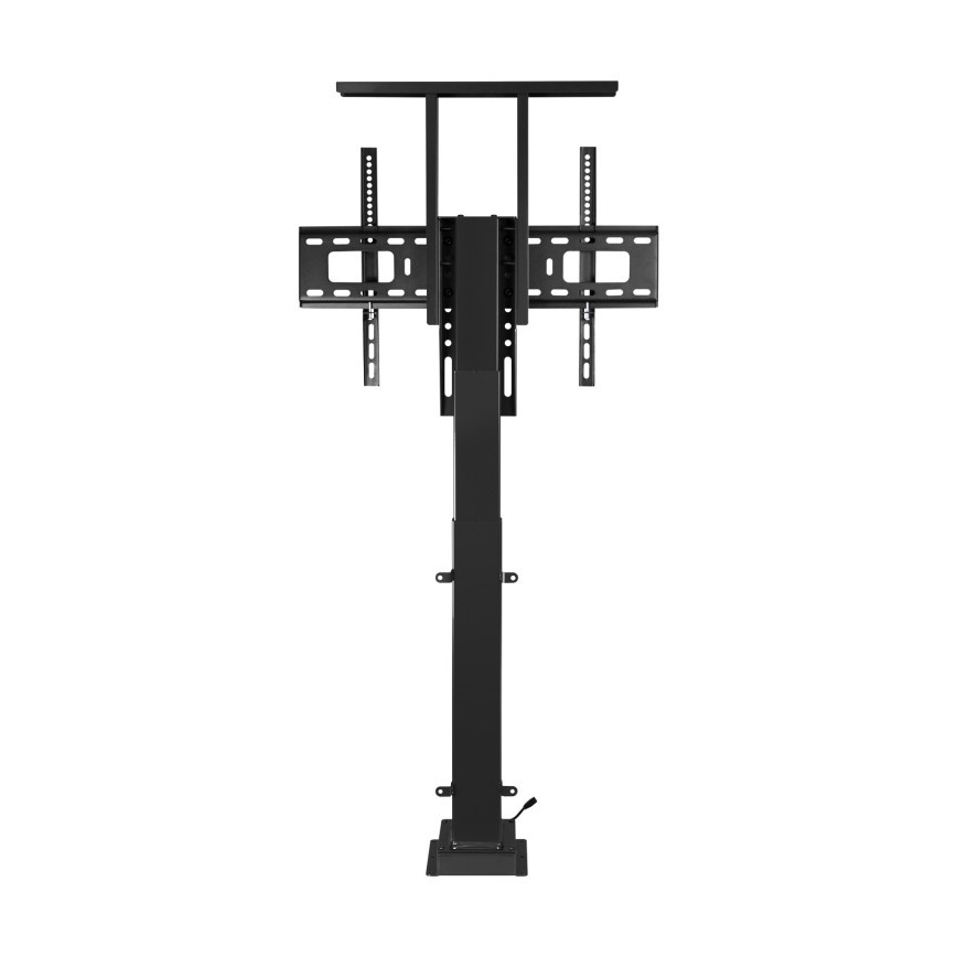 Elektrický stojan na televízor s výsuvnou konštrukciou drží televízor. Stojan je čierny, s hranatou základňou a štíhlym stĺpikom. Na vrchu sú držiaky pre uchytenie televízora.