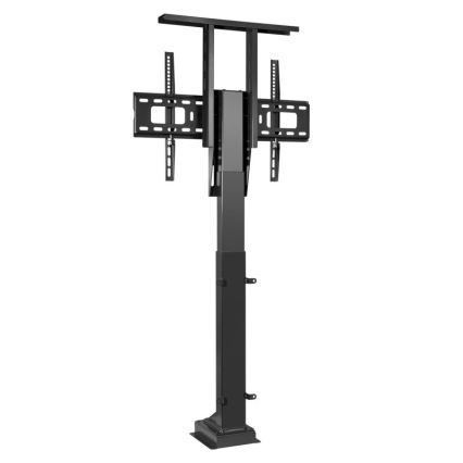 Elektrický stojan na televízor s výsuvnou konštrukciou drží televízor na výšku. Stojan je čiernej farby a má štvorcovú základňu. Televízor je pripevnený k pohyblivému ramenám na vrchu stojana.