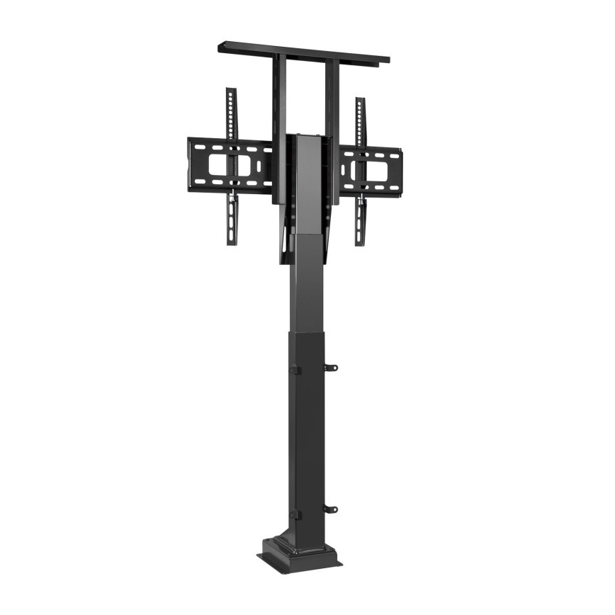 Elektrický stojan na televízor s výsuvnou konštrukciou drží televízor na výšku. Stojan je čiernej farby a má štvorcovú základňu. Televízor je pripevnený k pohyblivému ramenám na vrchu stojana.