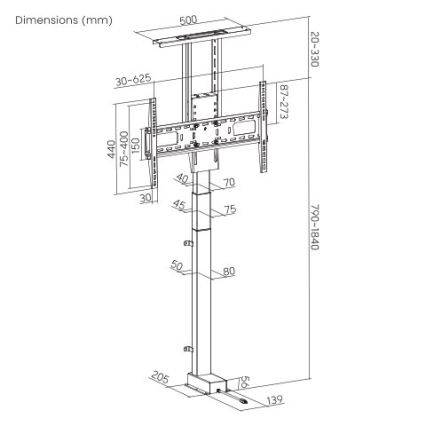 Stojan drží televízor. Jeho výška je nastaviteľná od 680 do 1580 mm, šírka televízora od 75 do 400 mm. Šírka stojana je 205 mm.