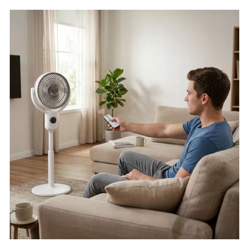 LED nabíjací stojanový ventilátor s LED osvetlením LED/4,8W/5V USB 7200 mAh biela + diaľkové ovládanie