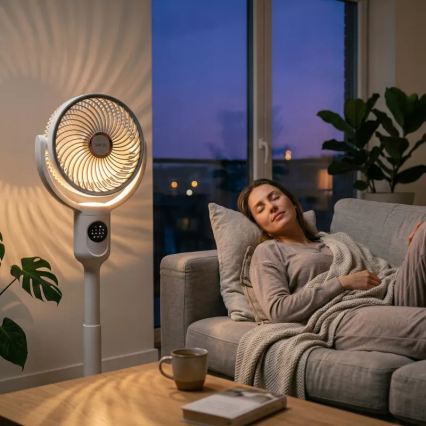 LED nabíjací stojanový ventilátor s LED osvetlením LED/4,8W/5V USB 7200 mAh biela + diaľkové ovládanie