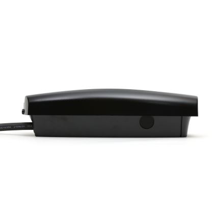 Čierne elektronické zariadenie s káblom leží na bielom podklade. Zariadenie má oválny tvar a na boku malý otvor. Na kábli je text: EVE NORB25-5255.