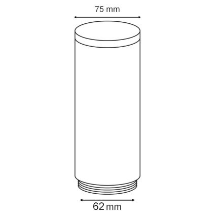 Valcový predmet s priemerom 75 mm a výškou 65 mm je znázornený s technickým výkresom. Má zúžený spodok s drážkami.