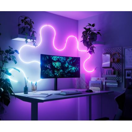 LED pásik svieti v rôznych farbách – ružovej, oranžovej a fialovej – na stene za pracovnou plochou s počítačom. Na stole sú umiestnené klávesnica, myš a ďalšie kancelárske potreby. Priestor doplňujú izbové rastliny.