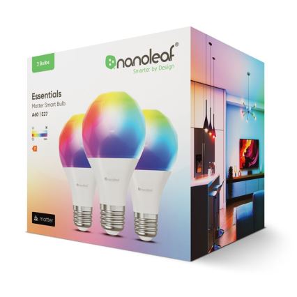 Tri farebné inteligentné žiarovky Nanoleaf Essentials Matter A60 E27 sú zobrazené v balení. Žiarovky vyžarujú farebné svetlo. Balenie ukazuje aj príklad ich použitia v interiéri.