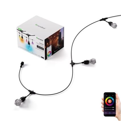 Svetlený veniec s tromi žiarovkami je pripojený k čiernemu káblu. Kábel je riadený cez mobilnú aplikáciu. Balenie s návodom je zobrazené vedľa.