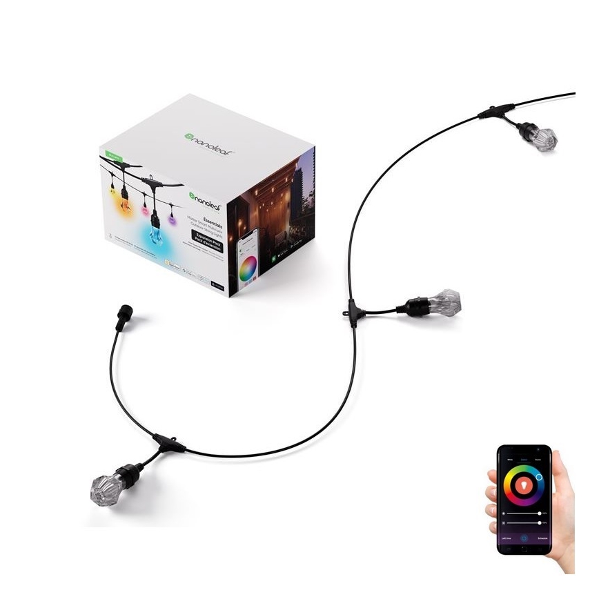 Svetlený veniec s tromi žiarovkami je pripojený k čiernemu káblu. Kábel je riadený cez mobilnú aplikáciu. Balenie s návodom je zobrazené vedľa.
