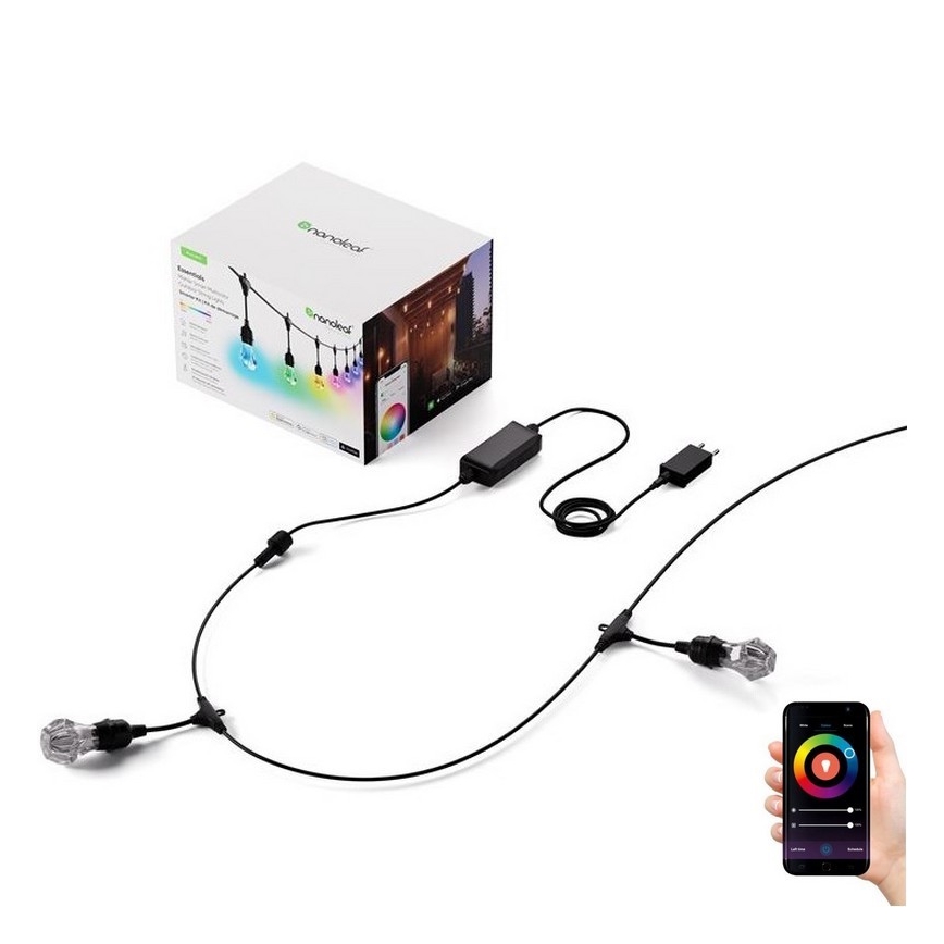 Inteligentný svetelný systém Nanoleaf Essentials je zobrazený s dvoma LED žiarovkami, napájacím zdrojom a ovládaním cez mobilnú aplikáciu. Systém je pripojený k sieti a je zabalený v krabici s obrázkom inštalácie.