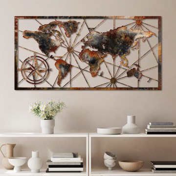 Nástenná dekorácia 120x60 cm mapa sveta kov