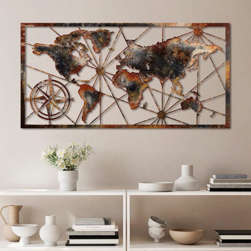 Nástenná dekorácia 120x60 cm mapa sveta kov