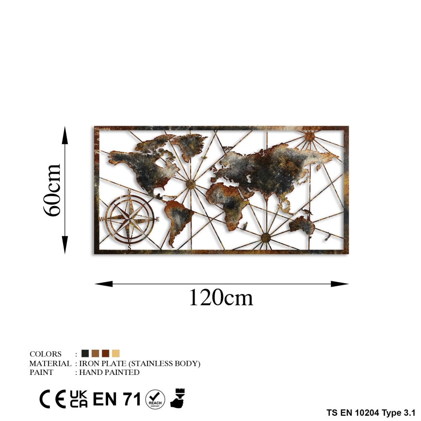 Nástenná dekorácia 120x60 cm mapa sveta kov