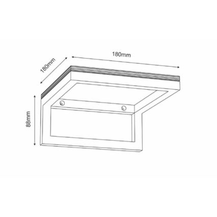 Nástené svietidlo s rozmermi 180 x 180 x 88 mm je znázornené v technickom výkrese. Svietidlo je pripevnené k stene a má obdĺžnikový tvar s vnútorným otvorom pre zdroj svetla.