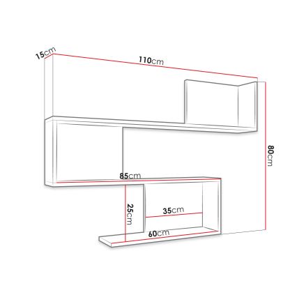 Nástená polica s tvarom písmena „S“ je znázornená s rozmermi: horná časť 110 cm x 15 cm, dolná časť 60 cm x 35 cm, stredná časť 25 cm x 85 cm; celková výška 80 cm.