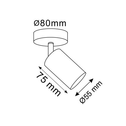 Svietidlo je pripevnené k stropu. Má valcový tvar s rozmermi 75 mm x Ø55 mm a kruhovú základňu s priemerom Ø80 mm.