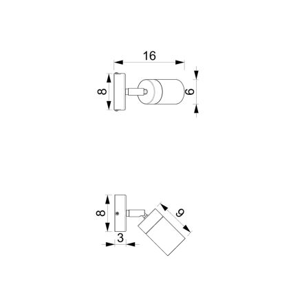 Dve nástenné svietidlá sú znázornené s rozmermi. Prvé je vysoké 16 mm, široké 8 mm a hlboké 6 mm. Druhé je vysoké 9 mm, široké 8 mm a hlboké 3 mm. Obe majú valcový tvar.