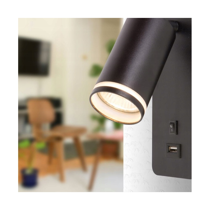 Nástenné bodové svietidlo s USB nabíjačkou 1xGU10/35W/230V čierna