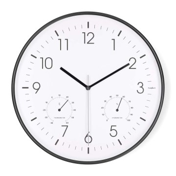Nástenné hodiny s teplomerom a vlhkomerom, priemer 30,5 cm, 1xAA, čierne