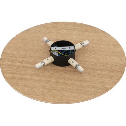 Svietidlo s kruhovou drevenou doskou, v strede má čierny kovový kryt s pripojenými štyrmi LED žiarovkami. Elektrické káble sú viditeľné vnútri krytu.