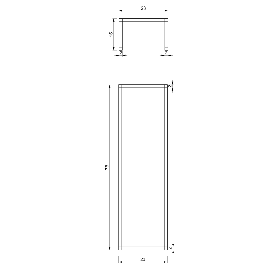 Technický výkres zobrazuje obdĺžnikový rám s rozmermi 23 x 78 cm a šírkou 2 cm. Rám je doplnený o priečku v hornej tretine, s rozmermi 23 x 15 cm a šírkou 2 cm. Všetky rozmery sú v centimetroch.
