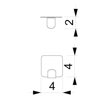 Háčik na stenu, rozmer 4x4 cm a výška 2 cm, je zobrazený v technickom nákrese s rozmermi.
