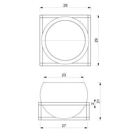 Technický výkres zobrazuje dva pohľady na predmet: horný s kruhovým otvorom v štvorcovom ráme rozmerov 29x29 a dolný s polkruhovým tvarom na štvorcovom podstavci rozmerov 27x21. Rozmer horného kruhu je 23.