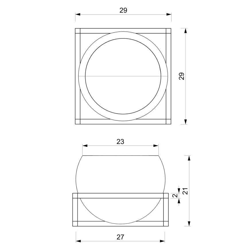 Technický výkres zobrazuje dva pohľady na predmet: horný s kruhovým otvorom v štvorcovom ráme rozmerov 29x29 a dolný s polkruhovým tvarom na štvorcovom podstavci rozmerov 27x21. Rozmer horného kruhu je 23.