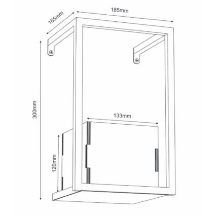 Návrh obdĺžnikovej nástenná skrinky s rozmermi 185mm x 300mm x 120mm, ktorá je zavesená na stene. Vnútorný priestor je 133mm široký. Skrinka má jednoduchú konštrukciu s hranatými líniami.