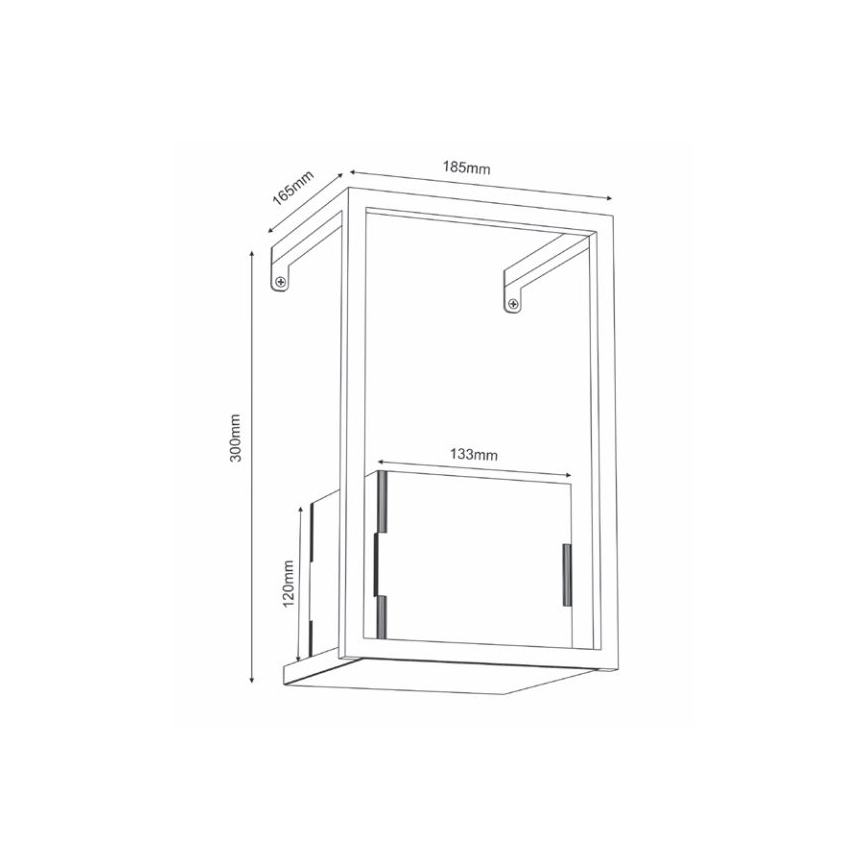 Návrh obdĺžnikovej nástenná skrinky s rozmermi 185mm x 300mm x 120mm, ktorá je zavesená na stene. Vnútorný priestor je 133mm široký. Skrinka má jednoduchú konštrukciu s hranatými líniami.