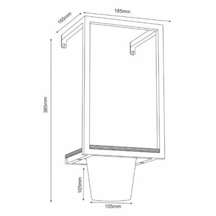 Zavesený kvetináč s rozmermi 185mm x 385mm x 165mm vrátane podstavca s priemerom 105mm, je umiestnený na stene.