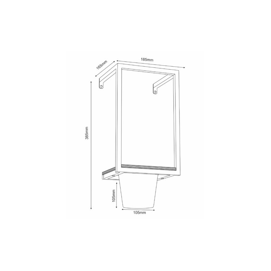 Zavesený kvetináč s rozmermi 185mm x 385mm x 165mm vrátane podstavca s priemerom 105mm, je umiestnený na stene.