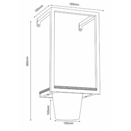 Nástený kvetináč s rozmermi 185x385x105 mm visí na stene. Má štvorcový rám a podstavec v tvare zrezaného kužeľa.