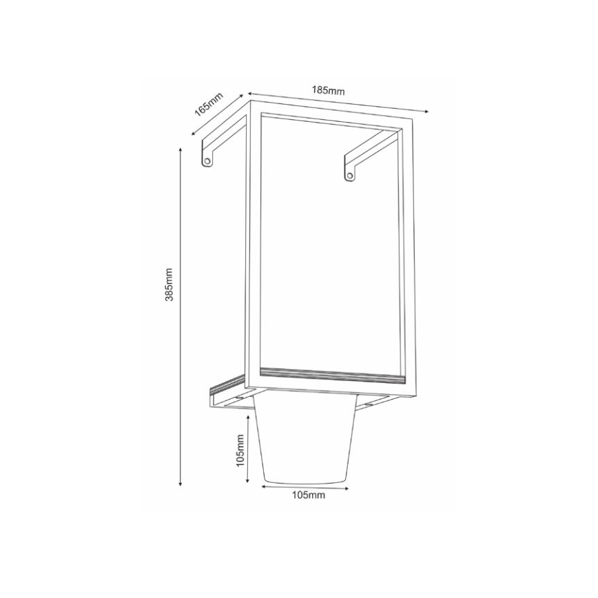 Nástený kvetináč s rozmermi 185x385x105 mm visí na stene. Má štvorcový rám a podstavec v tvare zrezaného kužeľa.