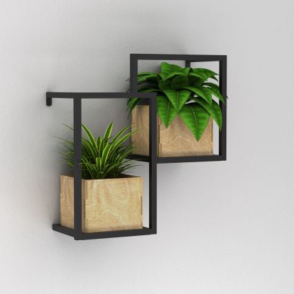 Dve kvetináče s rastlinami stoja na nástennej poličke s čiernym rámom. Polička je pripevnená na stenu.