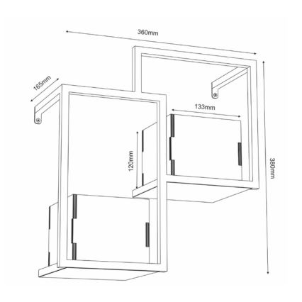 Dvojposchodová polica s rozmermi 360x380x165 mm je zavesená na stene. Horná polica má výšku 133 mm, dolná 120 mm. Polica má jednoduchý, hranatý dizajn.
