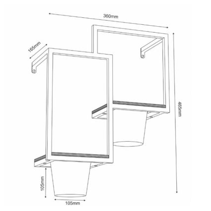 Nástená polica s dvoma otvormi na kvetináče, pripevnená na stenu, má rozmery 360mm x 465mm x 165mm a vnútorné rozmery otvorov 105mm.